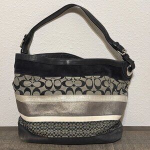 Vintage Coach F11531 Y2K Signature C Canvas & Leather Brown Striped Hobo Bag